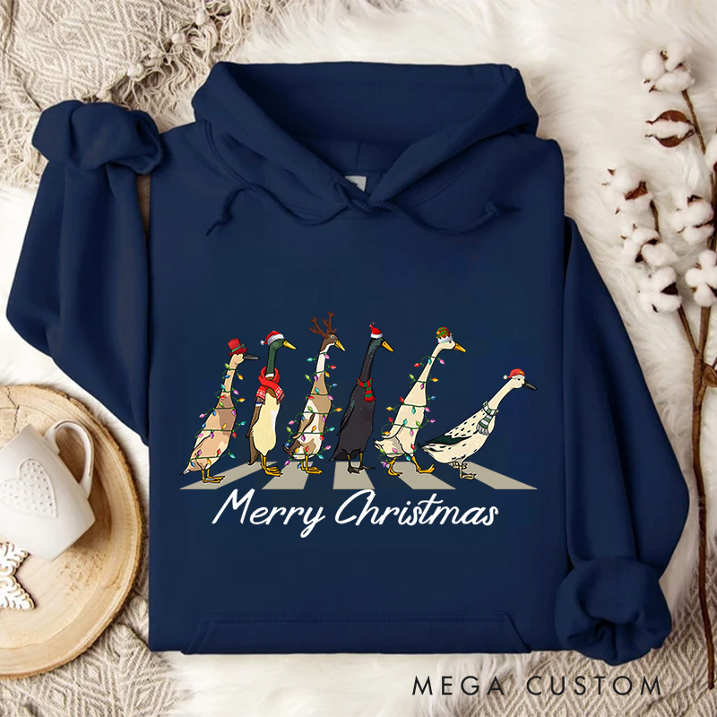 Personalized Geese Walking with Christmas Lights and Hats Christmas Hoodies