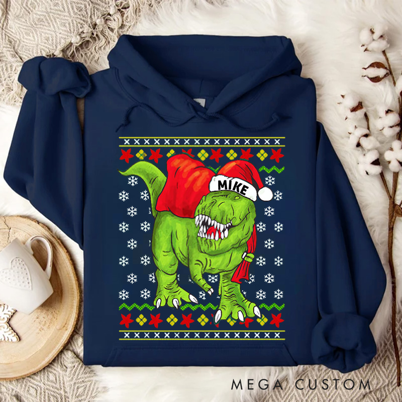 Personalized T Rex Santa Claus Ugly Christmas Sweater Hoodies