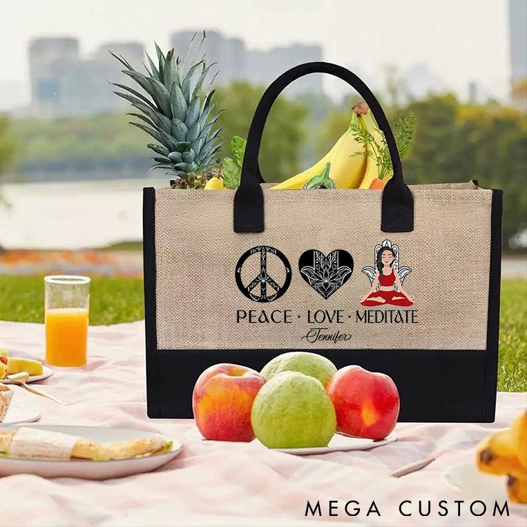 Personalized Yoga Tote Bag with Peace Love Meditate Design Meditation Bag Canvas Tote Bag Perfect for Yoga Lover