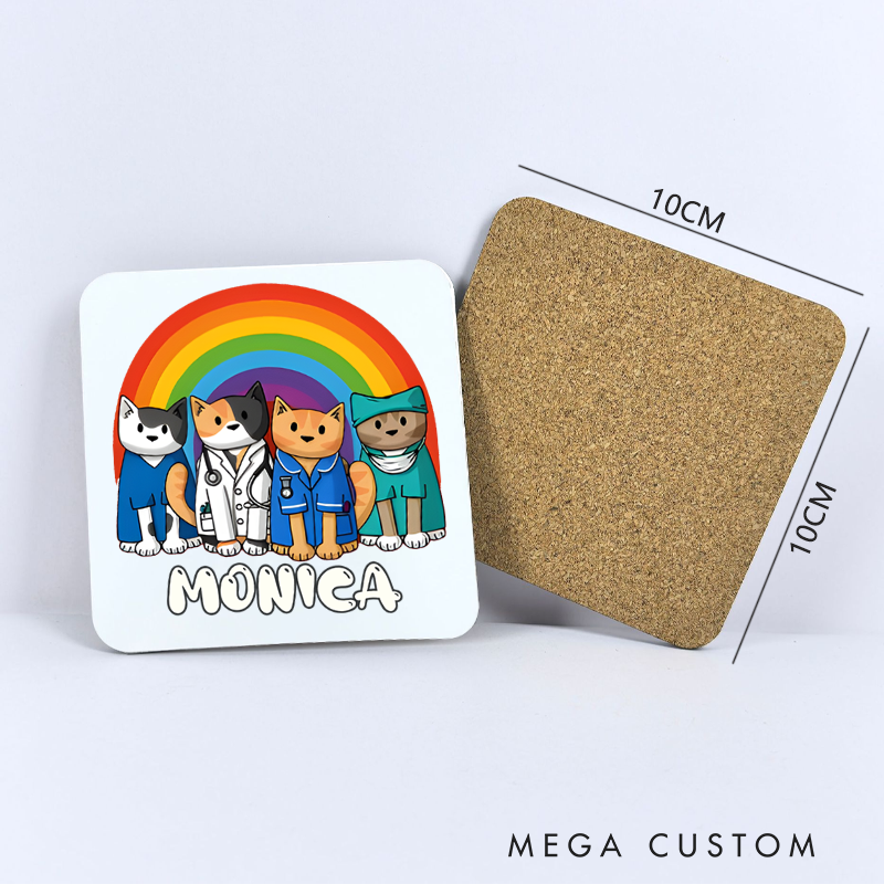 Personalized Coasters for Nurse Customized Healthcare Cats with Rainbow Design Coasters Nurse Gift