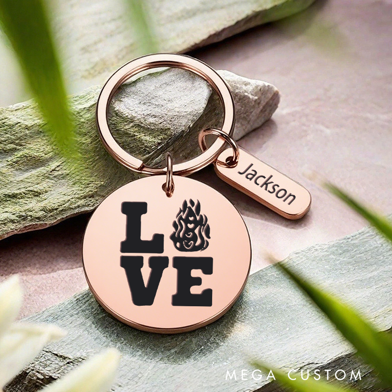 Personalized Stainless Steel Keychain with Love and Flame Design Gift for Firefighters and Loved Ones