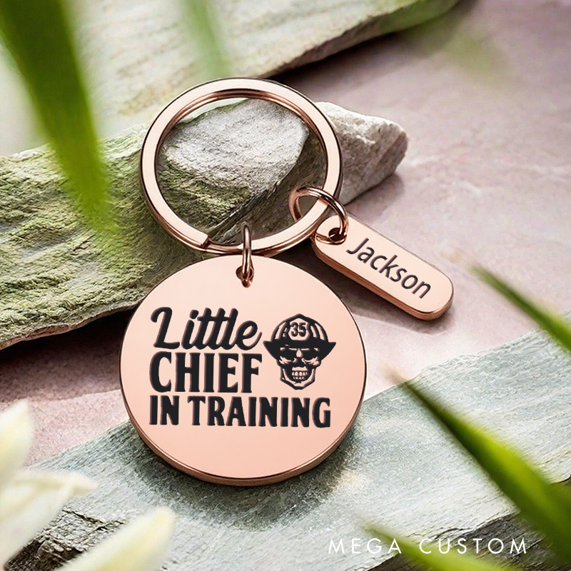 Personalized Stainless Steel Keychain with Little Chief in Training Skull Design Gift for Future Firefighters