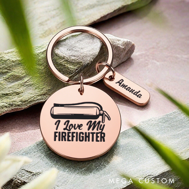 Personalized Stainless Steel Keychain with I Love My Firefighter Design Heartwarming Gift for Firefighter Partners
