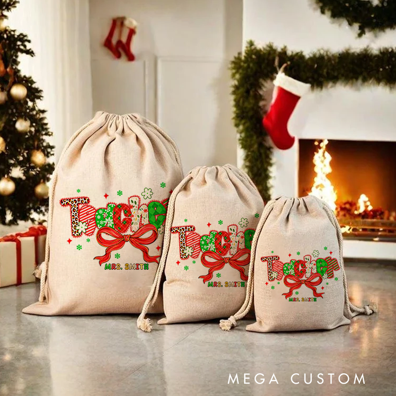 Personalised Christmas Santa Sack for Teachers Custom Teacher Bow Design Sack Christmas Gift