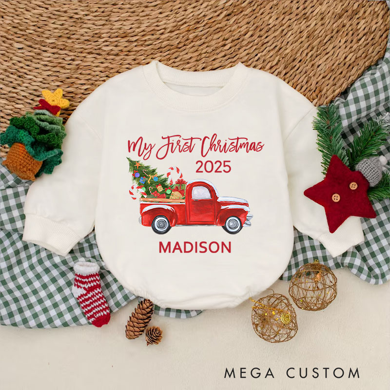 Personalized Baby's First Christmas Truck Baby Onesie Perfect for a Festive and Memorable Celebration Baby Bodysuit