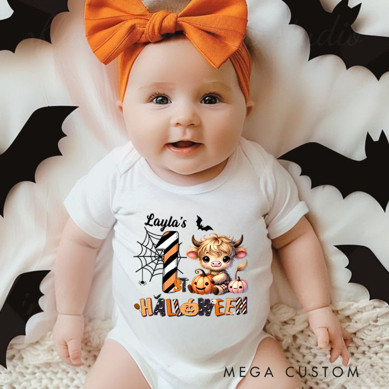 Personalized Spider Web and Pumpkin Design for Baby's First Halloween Celebration Baby Onesie Gift for Baby