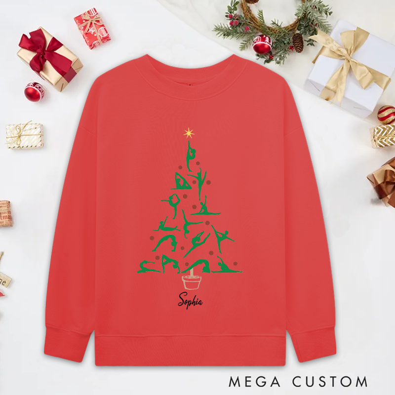 Personalized Christmas Yoga Classic Ugly Sweatshirts with Festive Tree and Yoga Poses Design Perfect for Yoga Lover and Holiday Gift