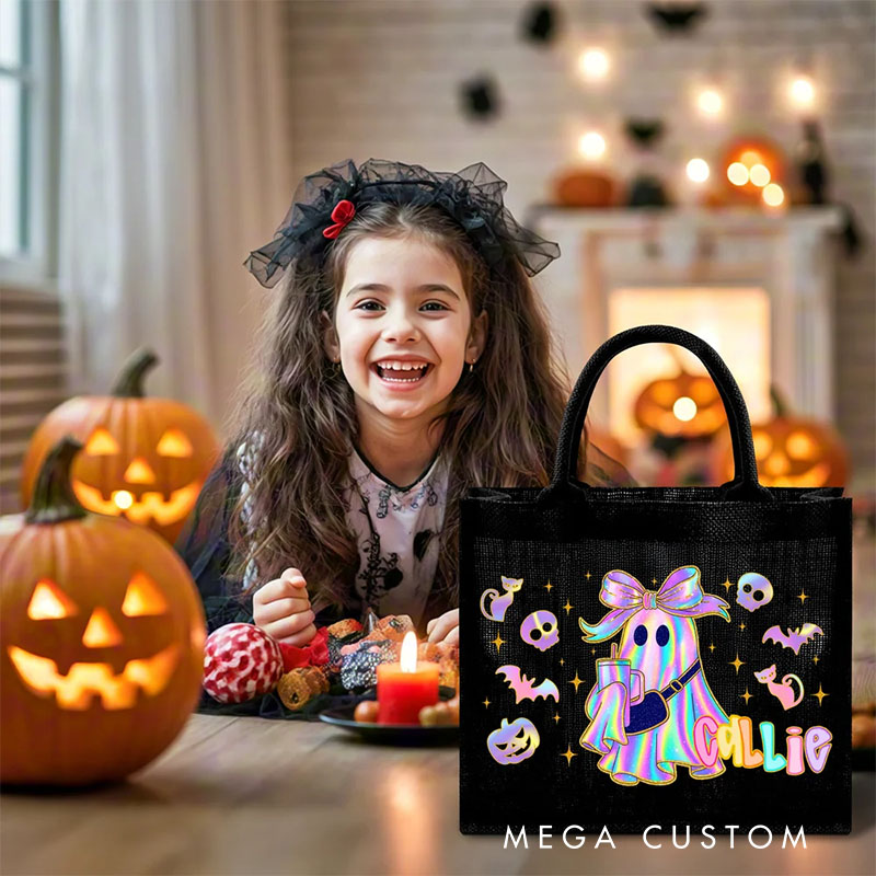 Personalized Laser Style Cartoon Bow Ghost Skull Bat Large Linen Tote Bag with Name Trick or Treat Halloween Party Gift for Kids