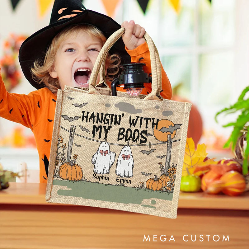 Personalized Hangin With My Boos Pumpkin Ghost Jute Bag with Names Halloween Party Gift for Boys Girls