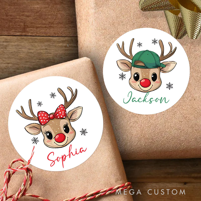Personalized Adorable Reindeer with XX's Name Spreading Holiday Cheer Gift Tags