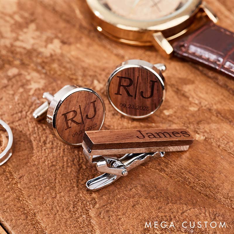 Personalized Wooden Cufflink and Tie Clip Set Custom Groomsman Cufflinks Box Set Groomsman Proposal Gift Cufflink Wedding Party Favors Gift