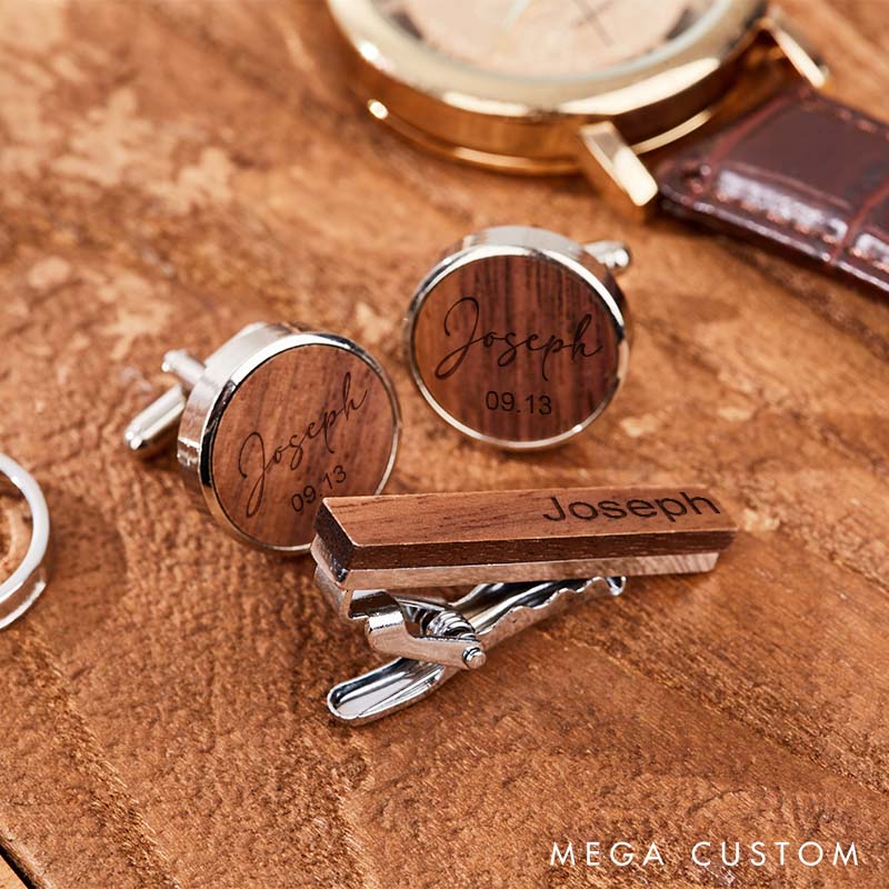 Personalized Groomsman Wooden Cufflink Box Set Custom Handcrafted Cufflinks Box Set with Tie Clip Groomsman Bachelor Party Favors Cufflink Men’s Cufflinks