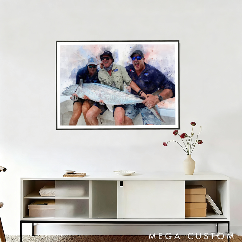 Personalized Digital Watercolor and Sketch Painting Fishing Photo Portrait From Photo Custom Vacation Photo Photo Gift for Fishing Lover