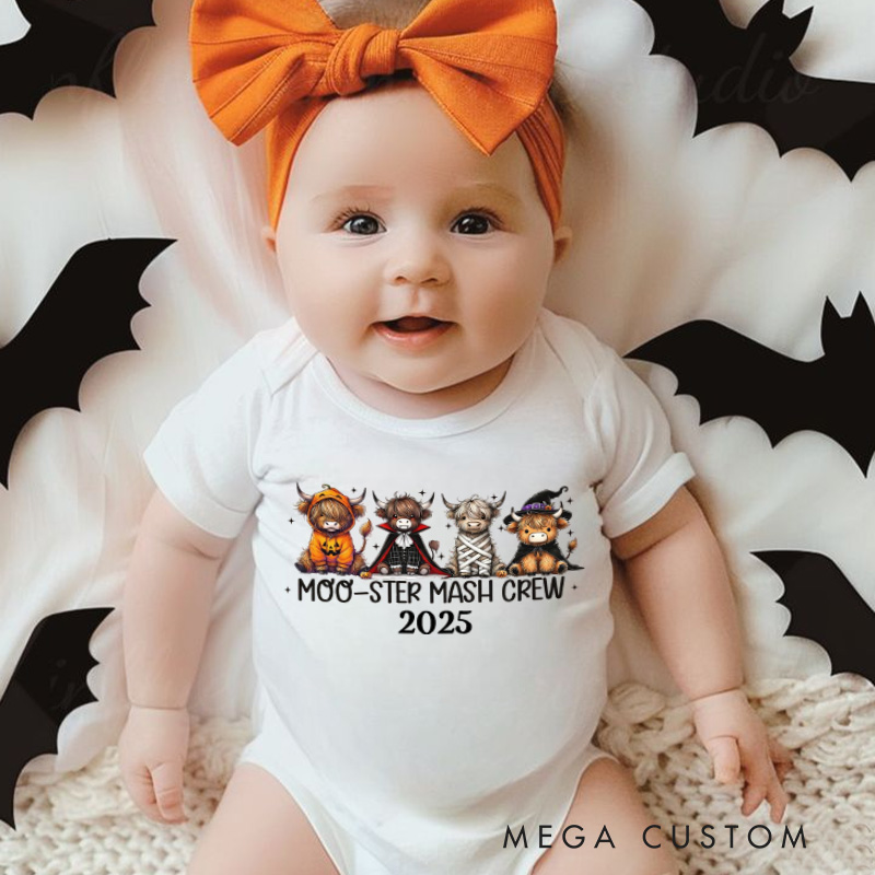 Personalized Highland Cow Halloween Onesie Fall Baby Bodysuit Cute Halloween Cow Onesie Monster Moo Crew Baby Body Suit Funny Highland Cow Baby Romper