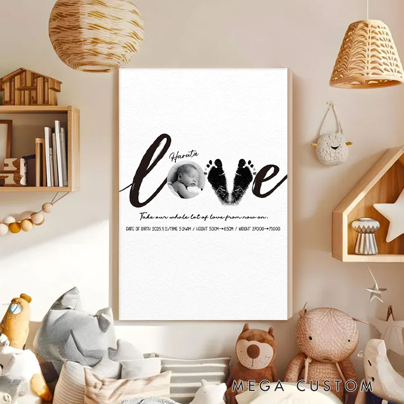 Personalized Love Canvas with Custom Name and Footprint Art for Heartfelt Nursery Wall Decor
