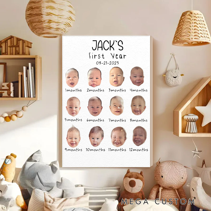 Personalized Baby's First Year Photo Collage with Custom Name and Monthly Milestones for Baby Room