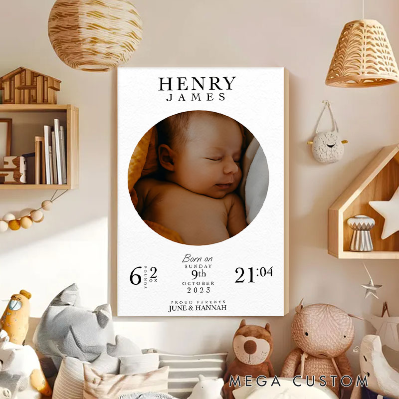 Personalized Baby Announcement Canvas with Custom Photo Name and Birth Details for Nursery Decor