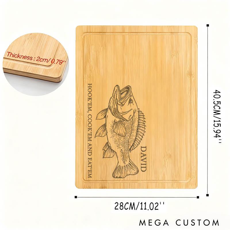 Personalized Fishing Cutting Board Christmas Gift for Dad Father's Day Gift for Grandpa Big Mouth Bass Decor Hook'em Cook'em Board Perfect Gift For Fishing Lover