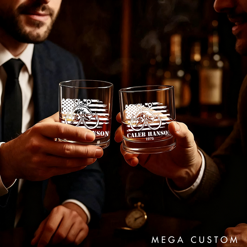 Personalized Fishing Whiskey Glass American Flag and Fish Hook Design Wine Cocktail and Beer Etched Fish Glassware Perfect Gift for Fishermen and Whiskey Lover