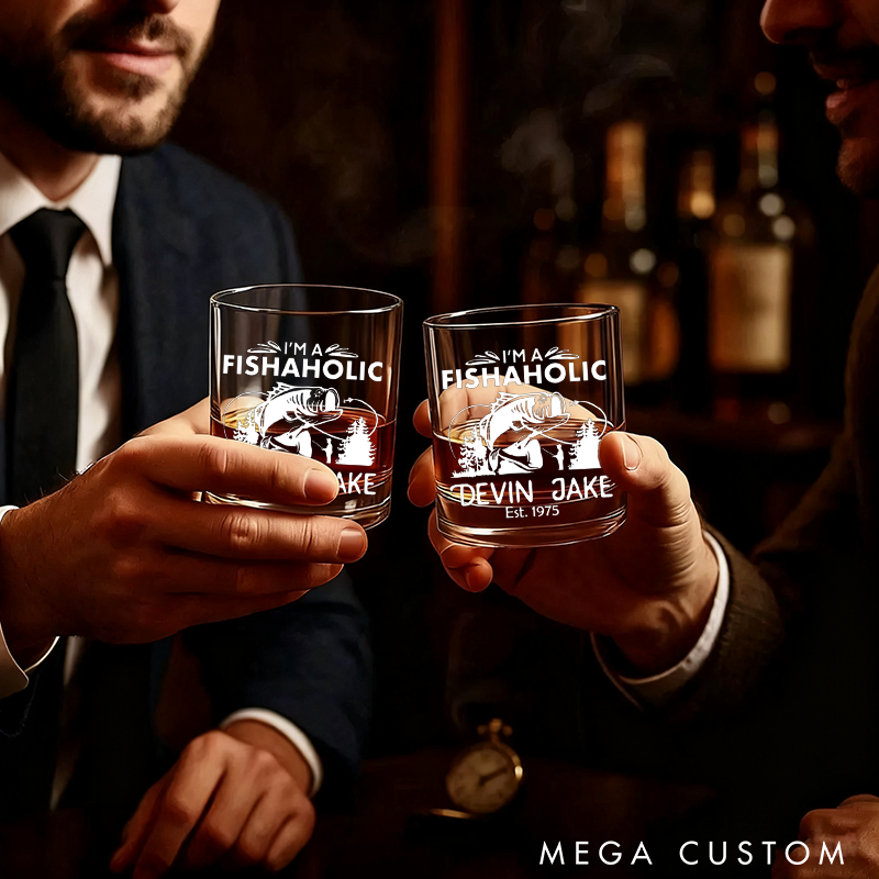 Personalized Fishing Whiskey Glass Unique Engraved Design with Fish and Forest Theme Wine Cocktail and Beer Etched Fish Glassware Fishing Lover Gift for Fishermen and Whiskey Lover
