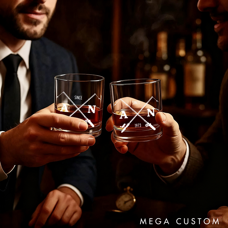 Personalized Fishing Whiskey Glass Crossed Fishing Rod Design Wine Cocktail and Beer Etched Fish Glassware Fishing Lover Gift for Fishermen and Whiskey Lover