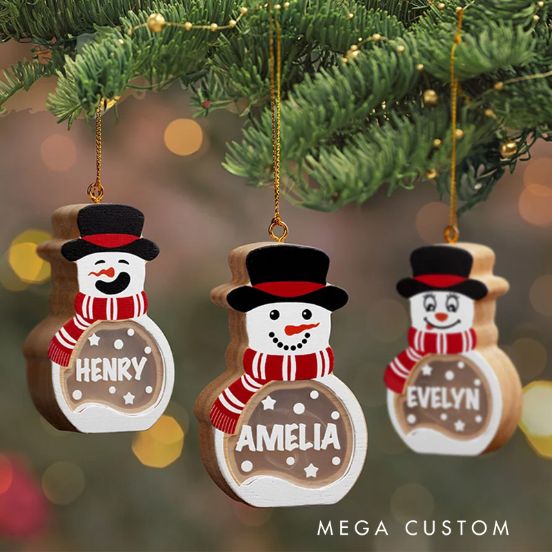 Personalized Cute Snowman LED Light Wooden Christmas Ornament with Name Christmas Tree Stocking Decor Winter Holiday Party Gift for Family Kids
