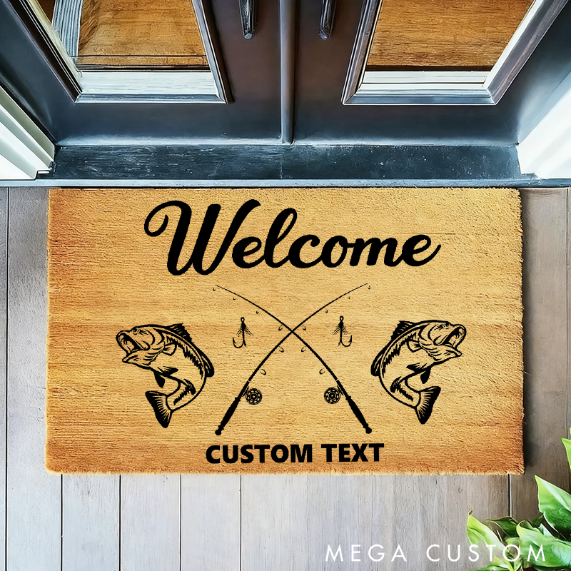Personalised Fishing Welcome Mat Fish Welcome Doormat Fishing Home Decor Housewarming Gift Outdoor Decor with Fish and Rod Design Perfect Gift for Fishing Lover