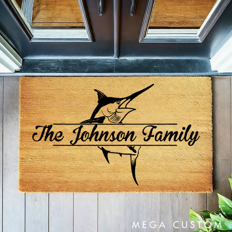 Personalised Swordfish Split Monogram Doormat Fishing Doormat Custom Family Doormat Camp Doormat Sword Fish Doormat Fish Decor