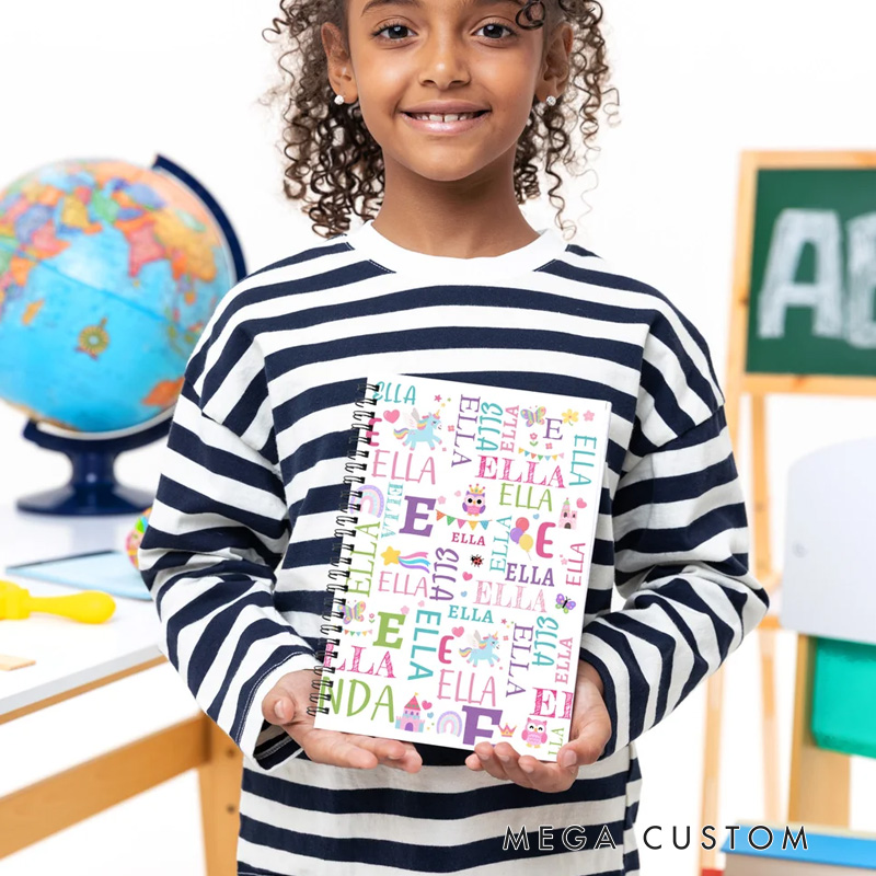 Personalized Fantasy Unicorn Dinosaur Name Cloud Spiral Notebook with Initial Back to School Birthday Gift for Kids