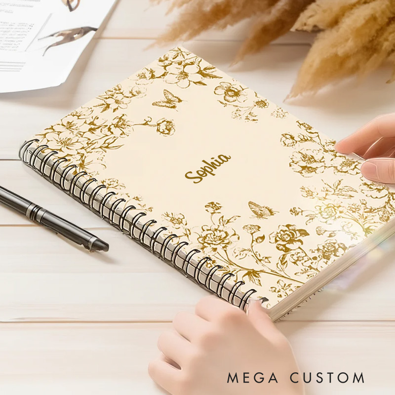Personalized Toile De Jouy Floral Butterfly Hummingbird Spiral Notebook with Birthday Christmas Gift for Women Girls