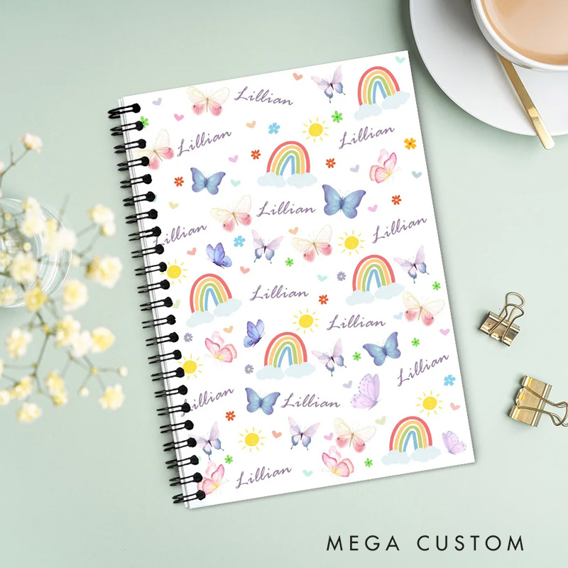 Personalized Colorful Butterfly Rainbow Spiral Notebook with Name Birthday Friendship Back To School Gift for Kids Friends