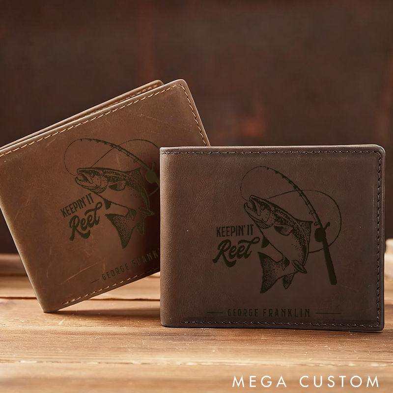 Personalized Fishing Leather Wallet Engraved Fish and Rod Design Genuine Leather Wallet for Father's Day Perfect Gift for Angler and Outdoor Enthusiast