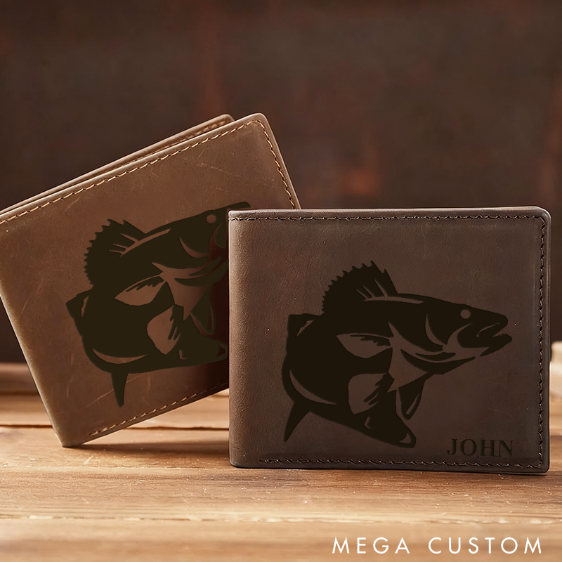 Personalized Rustic Leather Fishing Wallet Engraved Fish BiFold Genuine Leather Wallet for Father's Day Perfect Gift for Angler and Outdoor Enthusiast