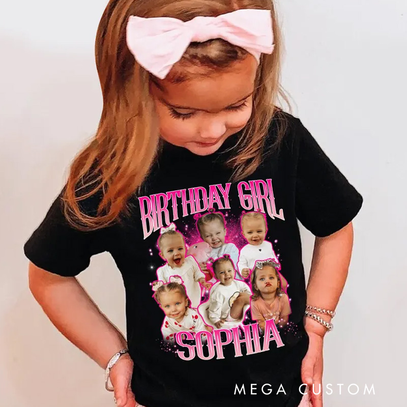Personalized Name and Kids Birthday Photo Shirt Featuring Adorable Characters and Pink Theme for Birthday Fun