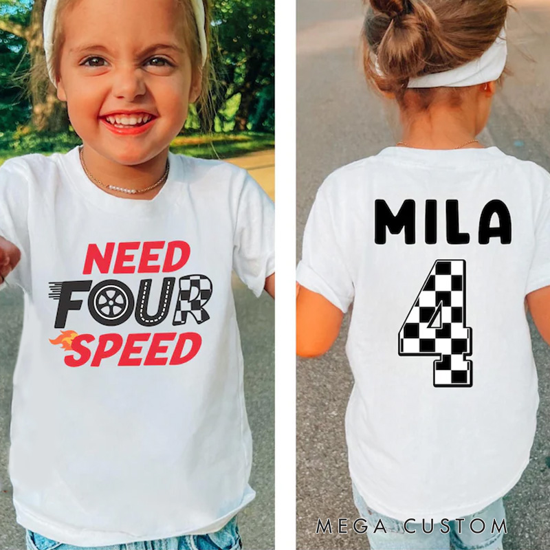 Personalized Birthday Need for Speed Kids T-Shirt with Racing Theme and Checkered Flag for Little Car Enthusiasts