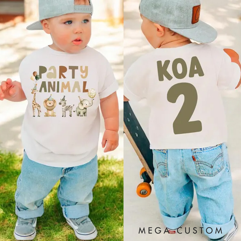 Personalized Party Animal Kids T-Shirt with Cute Animal Graphics and Gold Accents for a Wild Celebration