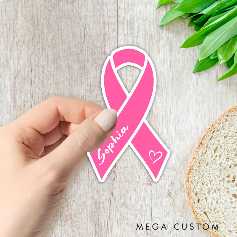 Personalized Pink Ribbon Sticker with Heart Accent for Breast Cancer Awareness and Supportive Style Stickers