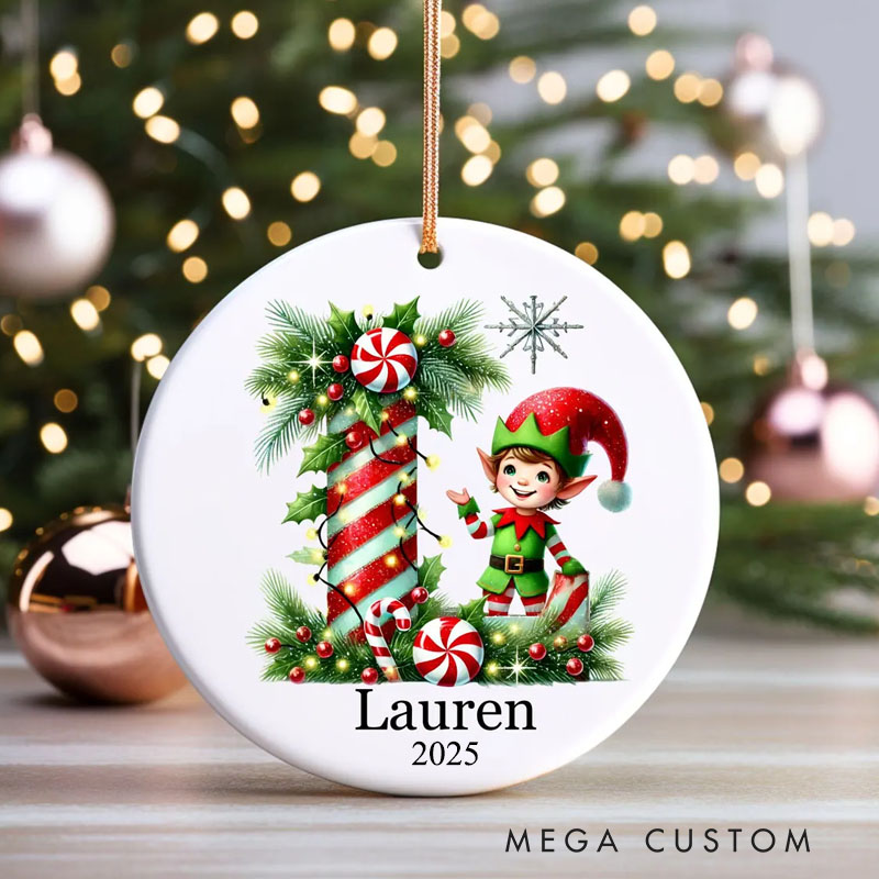 Personalized Festive Initial Christmas Ornament with Elf and Candy Cane Design for Holiday Cheer