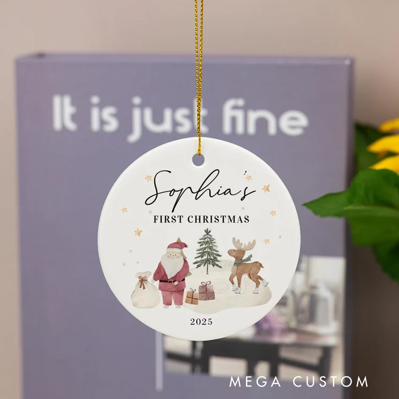 Personalized First Christmas Ornament with Cute Woodland Creatures and Name for a Special Keepsake