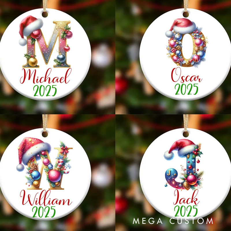 Personalized Festive Initial Christmas Ornament with Santa Hat and Name for a Joyous Holiday Season