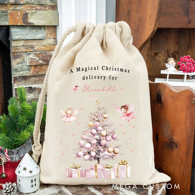 Personalized A Magical Christmas Delivery Pink Fairy Drawstring Bag with Name Christmas Gift for Girls
