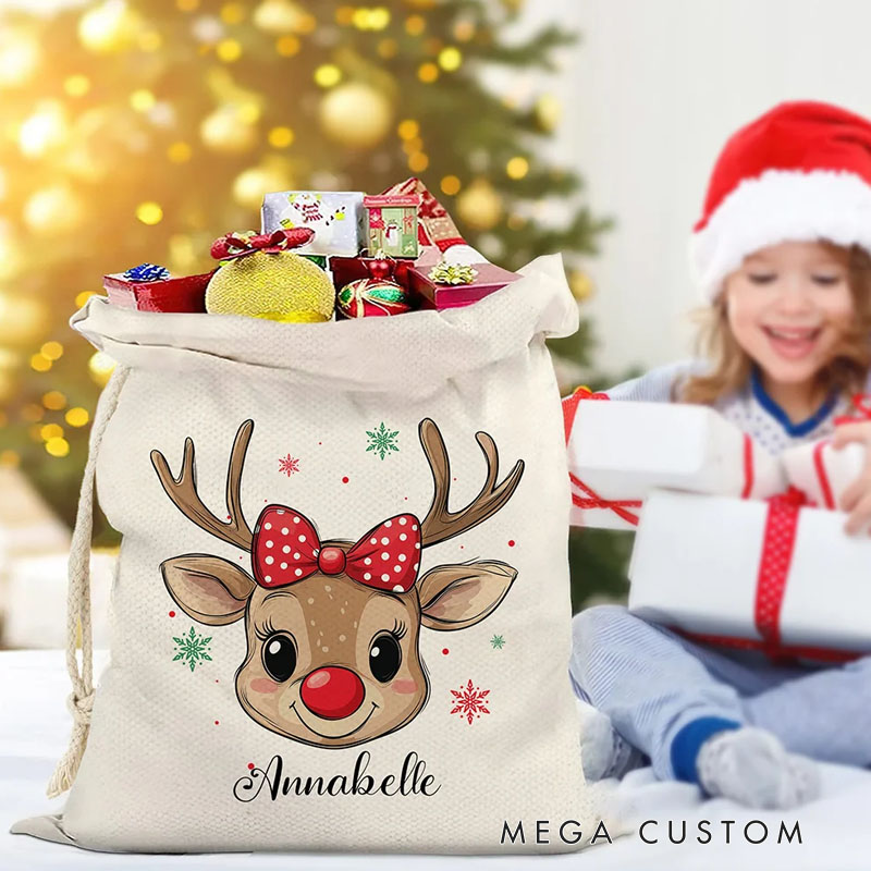 Personalized Reindeer Snowflake Sack Drawstring Treat Bag with Name Christmas Party Favor Gift for Kids Family