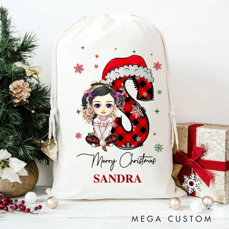 Personalized Christmas Cartoon Character Santa Hat Initial Drawstring Bag Christmas Party Gift for Family Girls