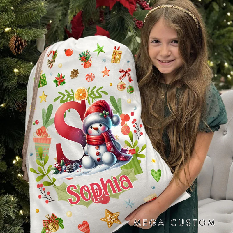 Personalized Snowman Reindeer Penguin Christmas Initial Drawstring Christmas Gift Bag with Name Christmas Eve Party Gift for Kids Family Friends