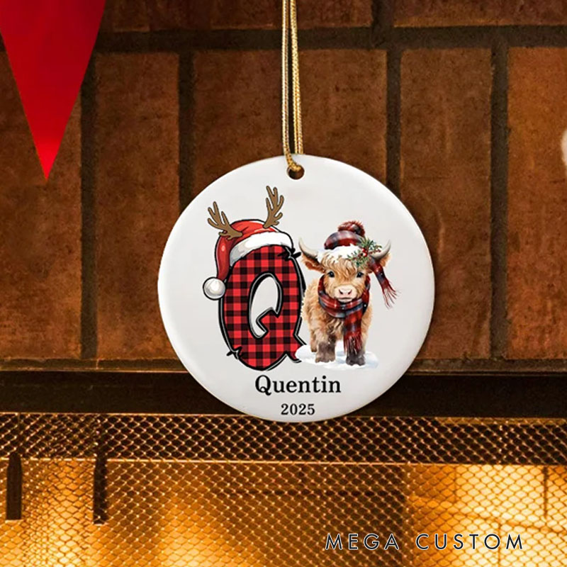Personalized Highland Cow Christmas Initial Ceramic Ornament with Name and Year Home Decor Christmas Gift for Highland Cow Lover Family Friend