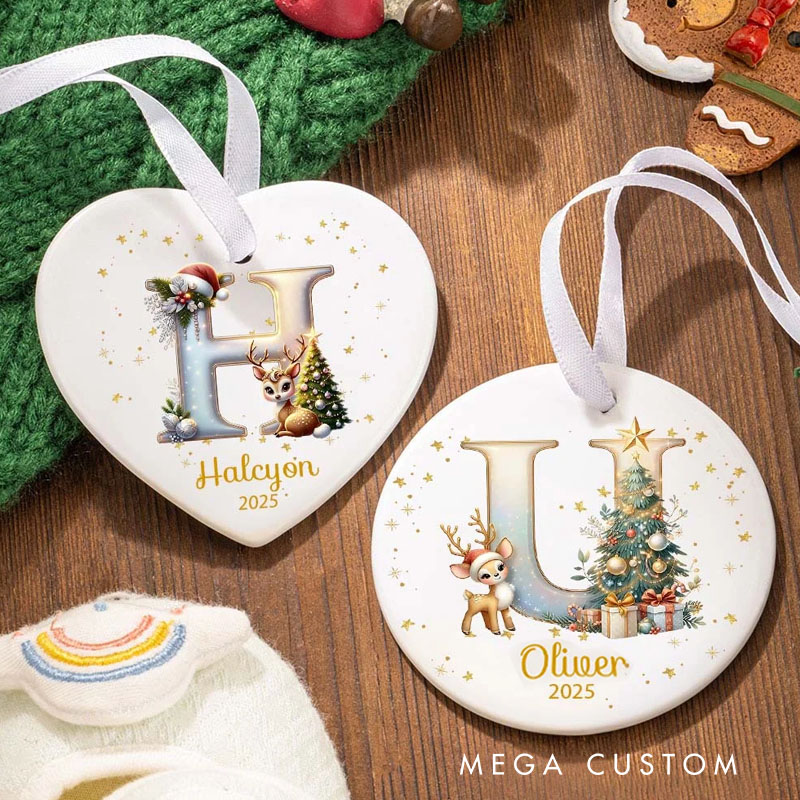 Personalized Reindeer Christmas Tree Initial Heart-shaped Ceramic Christmas Ornament with Name and Year Christmas Decor Gift for Family Friends