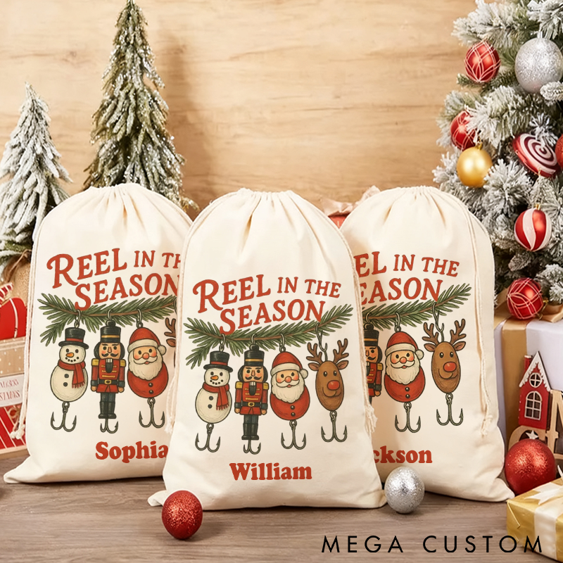 Personalized Fishing Christmas Sack Christmas Gift Bag with Reel in the Season Design Large Capacity Perfect Holiday Gift for Fishing Enthusiast