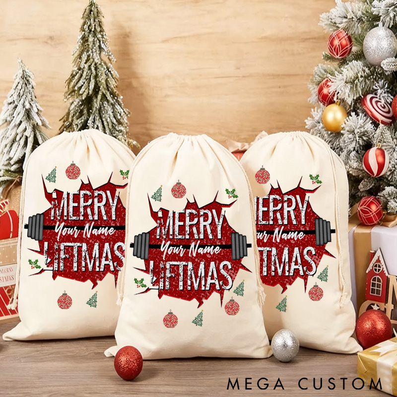 Personalized Cute Cartoon Merry Christmas Sack Family Christmas Gift Wrap Bag Custom Name Funny Merry Liftmas Fitness Santa Sack