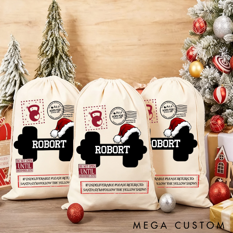 Personalized Cute Fitness Merry Christmas Sack Family Christmas Gift Wrap Bag Custom Name Funny Merry Liftmas Fitness Santa Sack