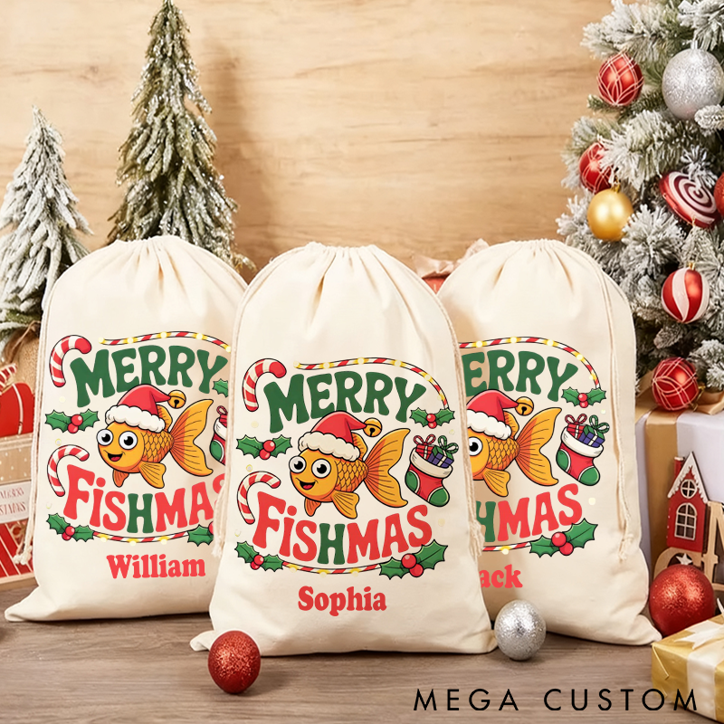 Personalized Fishing Christmas Sack Merry Fishmas Design Christmas Fishing Gift Bag Perfect Holiday Gift for Fishing Lover